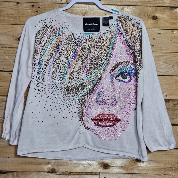 Michael Simon Sweater Medium Cardigan Sequins Face Model Twiggy Art - Picture 2 of 10